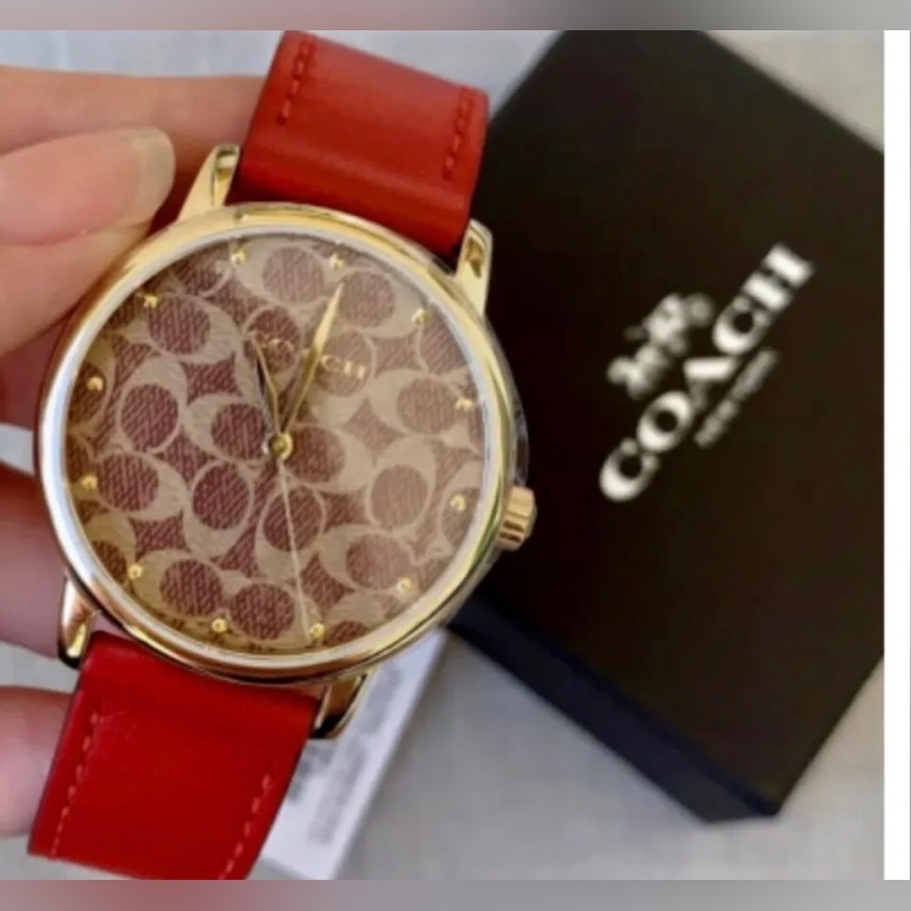 NIB COACH Women’s Grand Gold Dial Red Leather Watch 14503408